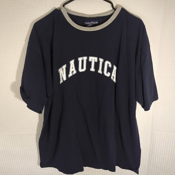 Nautica T Shirt Mens Large USA Vintage 90s Navy Blue Spell Out Logo Ringer Tee - Picture 1 of 3